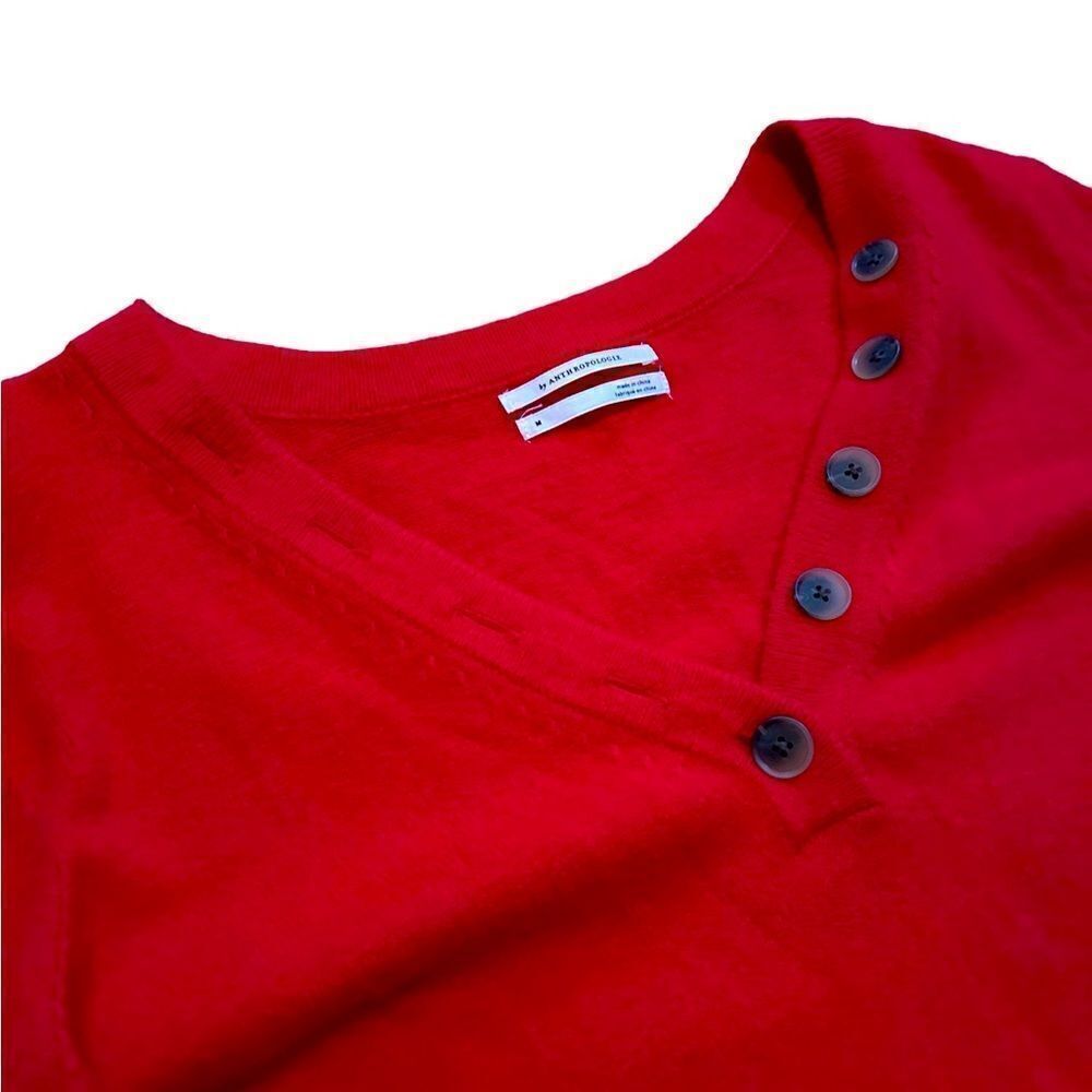Anthropologie Red V-neck Sweater Button Detail Medium Tunic Length - Picture 6 of 16